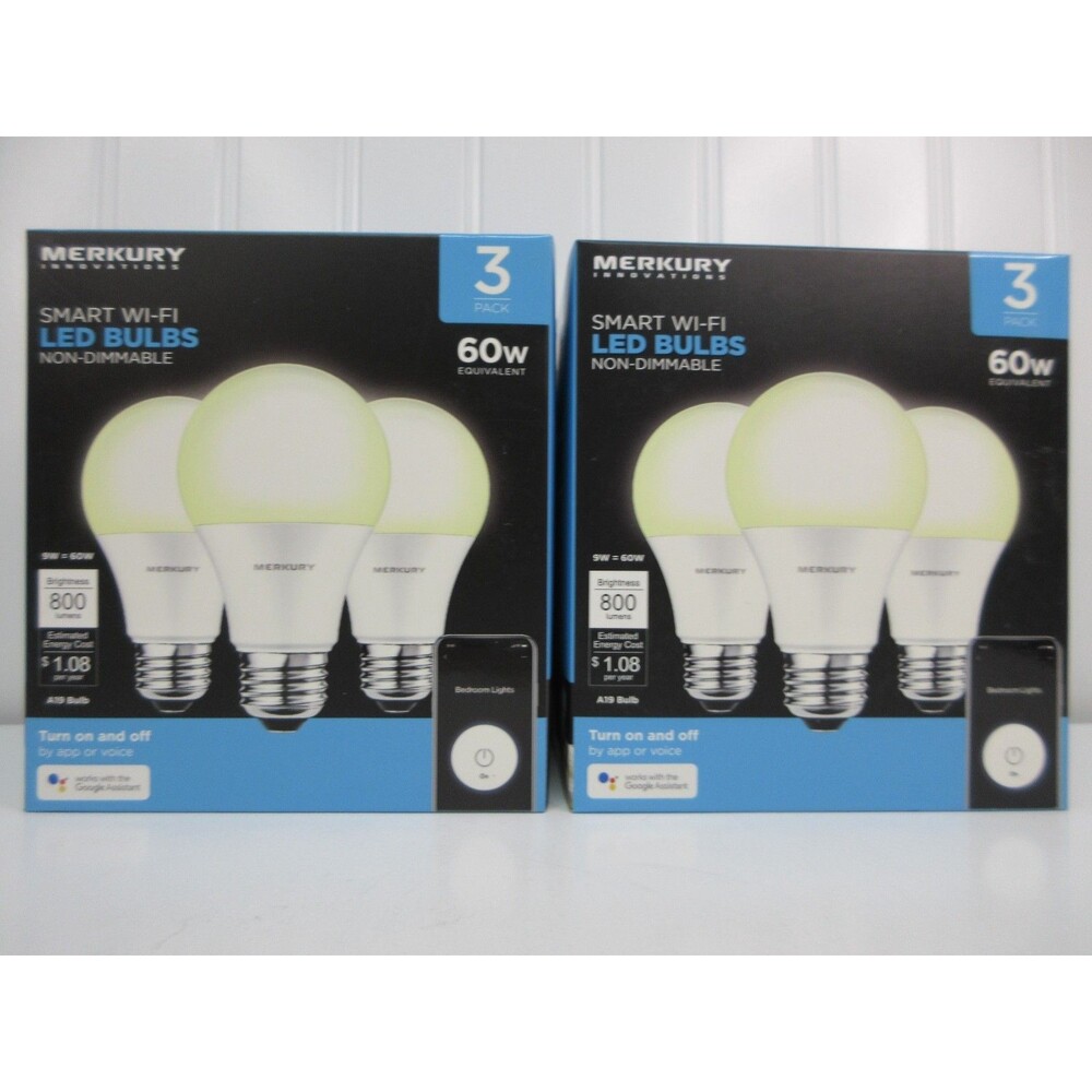 2 Smart WiFi Led Light Bulbs 3Pk White 60W Non-dimmable A19 Merkury Innovations